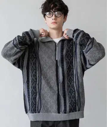 RAGEBLUE 레이지블루 레트로 자카드 하프 지퍼 니트 M 완판템