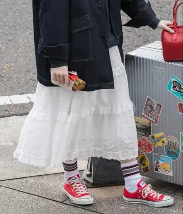 BONLECILL 프릴 개더 레이스 롱 스커트