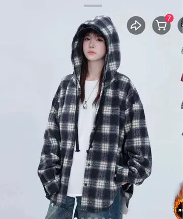 [ 새상품급 ] 후드 부착 체크 셔츠 M