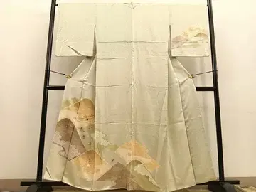 기모노 호몬기 말 자수 쥐어짜기 겹친 산꽃 문양 금채색 순수 실크 일품