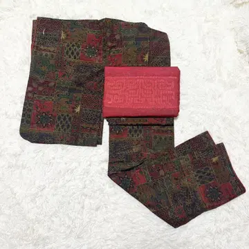 기모노 단의 견직물 그린 x 레드 계열 올 패턴