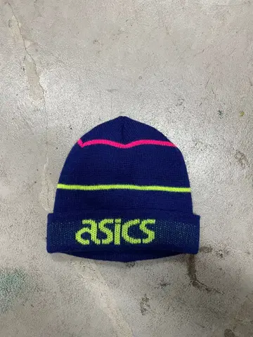 90s 아식스 니트 모자 비니 형광 보더 네이비