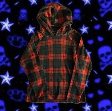 00s PPFM 래글런 후드티 y2k 체크 무늬 크롭 기장