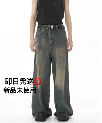 D링 와이드 스트레이트 데님 팬츠 카모플라쥬 패턴 빈티지 라이크