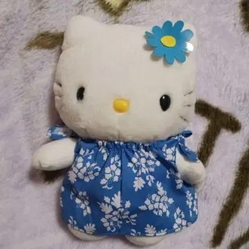레트로 키티 봉제 인형 꽃무늬 드레스 파랑
