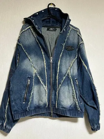 새상품급 UNDER GROUND 바이커 절개 데님 후드 블루종 46