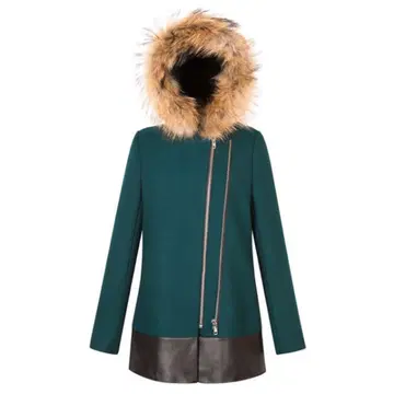 Sandro 다크 그린 가죽 모즈 코트 후드 부착