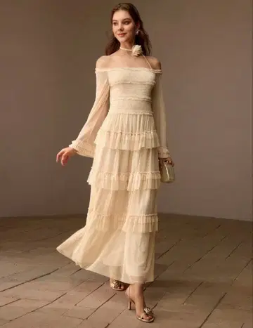 MOTF 레이스 프릴 롱 드레스 슬리브리스 원피스