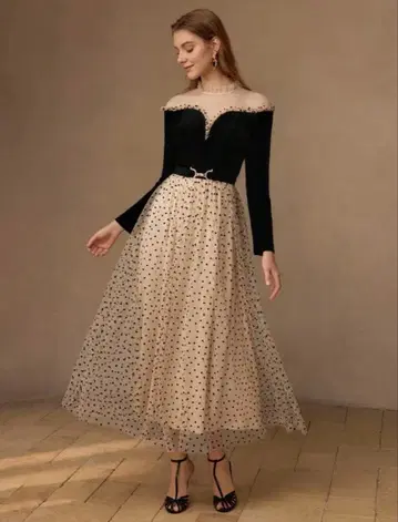 MOFT 롱 드레스 벨로아 튤 레이스 도트 원피스