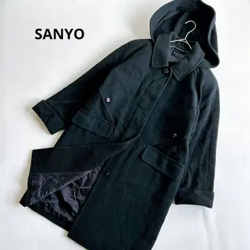 SANYO 산요 울 롱 코트 후드 부착 아우터 블랙 7AR