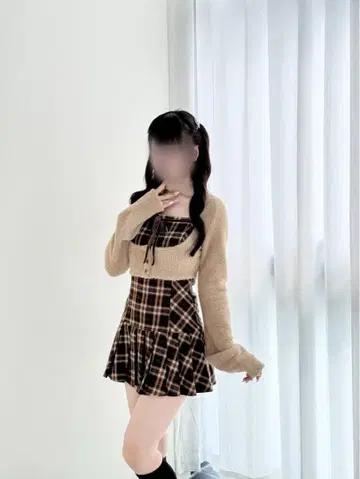 택 포함 새상품 BunnyLis 퍼 볼레로 x 체크 미니 원피스