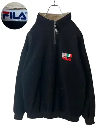 FILA 국기 자수 하프 지퍼 풀오버 블랙 플리스 자켓 빅 사이즈