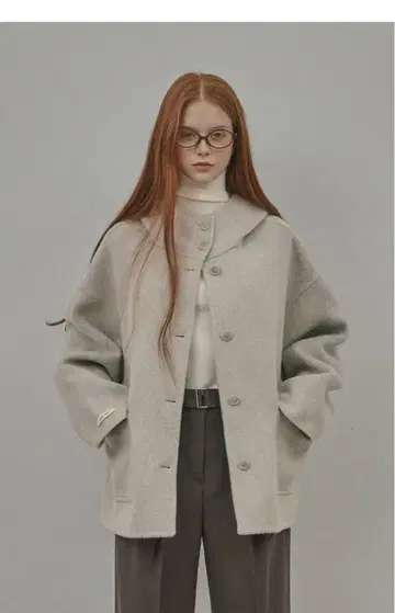 후드 부착 오버 사이즈 울 코트 그레이