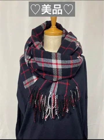 체크 무늬 프린지 머플러 네이비