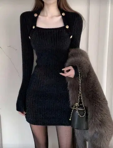 블랙 리브 니트 원피스