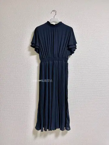 네이비 네이비 프릴 소매 롱 원피스 포멀 결혼식 얼굴 맞춤