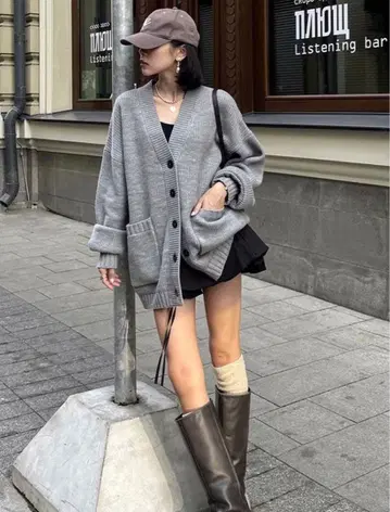 그레이 오버 사이즈 니트 가디건