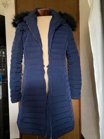 HUNTER 헌터 롱 다운 자켓 퍼 후드 부착 네이비