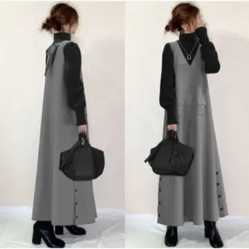 하이넥 V넥 원피스 도킹 롱 가을/겨울 고급 리본