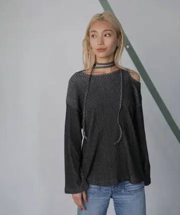 mici 오프숄더 리브 긴팔 상의