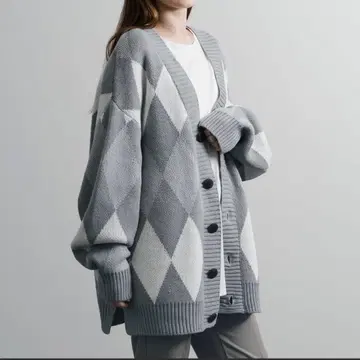 V넥 니트 가디건 오버 사이즈 아가일 무늬/체크 무늬 L