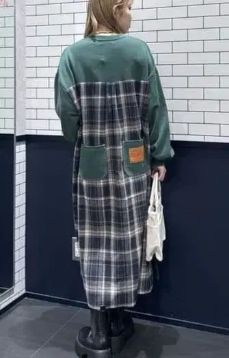신상 체크 도킹 원피스 그린 계열 FREE 7150엔