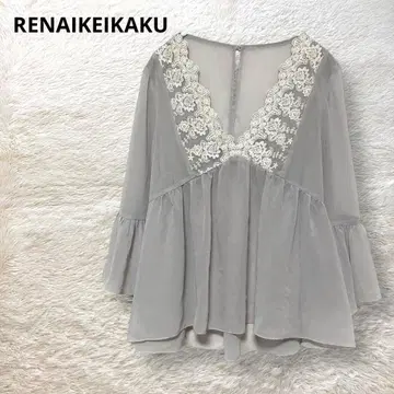RENAIKEIKAKU 블라우스 자수 7부 소매 시스루 M