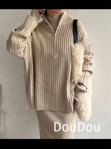 [ DouDou ] 하프 지퍼 풀오버 + 니트 원피스 세트