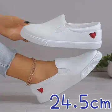 슬립온 화이트 스니커즈 하트 원포인트 데크 슈즈 24.5cm