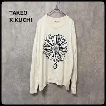 TAKEO KIKUCHI 꽃무늬 니트 화이트 상의 플라워 자수