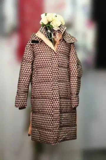 새상품 추가 OFF 기하학 패턴 롱 코트 후드 부착 9160