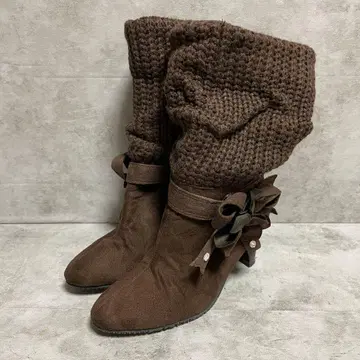 [ 지퍼 ] ( L ) 미들 부츠 니트 부츠 스웨이드 느낌 리본 브라운