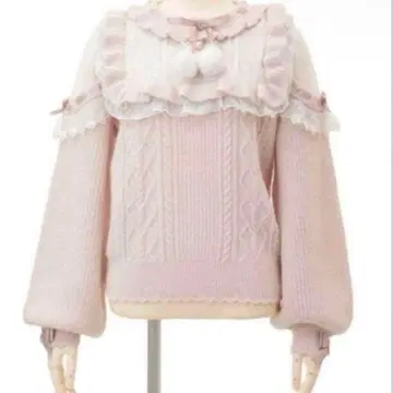 LIZLISA 리즈리사 폼폼 리본 레이스 요크 니트탑