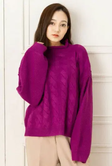 salire (사리아) 롤넥 케이블 니트 핑크 M 새상품