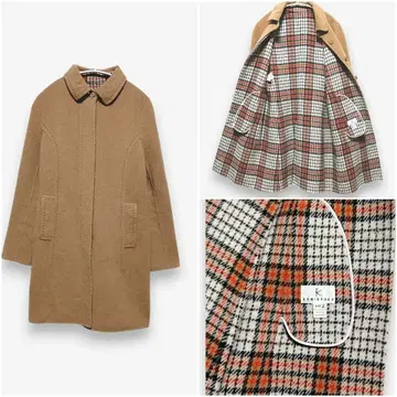 [ KUMIKYOKU ] 쿠미쿄쿠 체크 안감 90% 울 혼방 카멜 코트