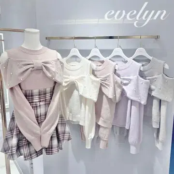 리본 오프숄더 니트 evelyn 핑크