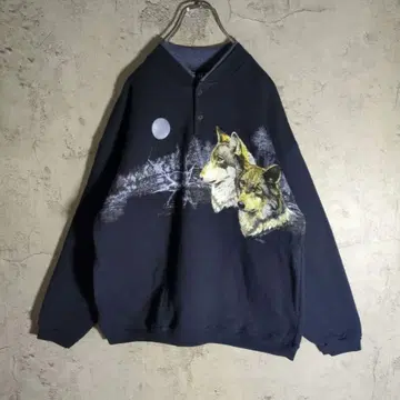 [ USA제 ] 울프 프린트 양면 맨투맨 네이비 하프 버튼 속기모 늑대