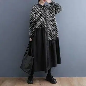 원피스 셔츠 원피스 롱 비대칭 긴팔 면 체형 커버 루즈핏 성인 레트로