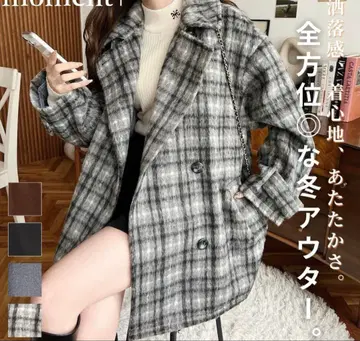 미들 기장 아우터 P 코트 오버 사이즈 체크 moment+