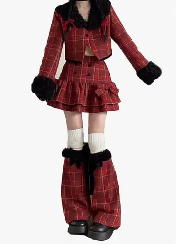 레드 체크 셋업 스커트