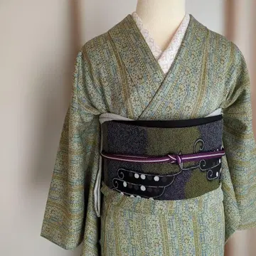 코몬 기모노 그린 계열 기하학 패턴