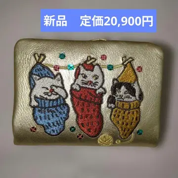 세일 새상품 맨해트너즈 틴클퍼스 접이식 지갑 골드 컬러 자수 고양이 패턴