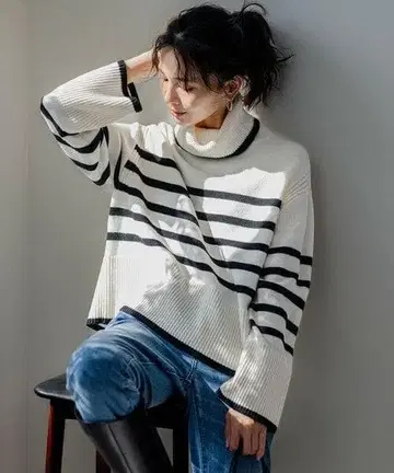 23구 [세탁 가능] 울 미들 게이지 보더 니트 빅 사이즈 46