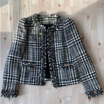 블랙 화이트 체크 노카라 자켓 M 로이스크레용