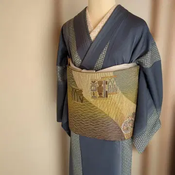 블루 계열 실크 코몬 기모노 기하학 패턴