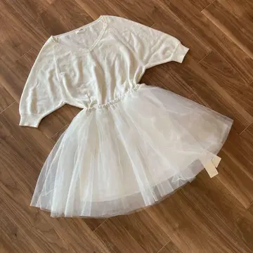 스나이델 니트 튤 콤비 원피스 화이트