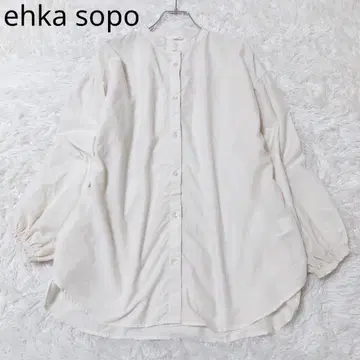 에카 소포 블라우스 노카라 베이지 소매 밴딩 개더 무지 캐주얼