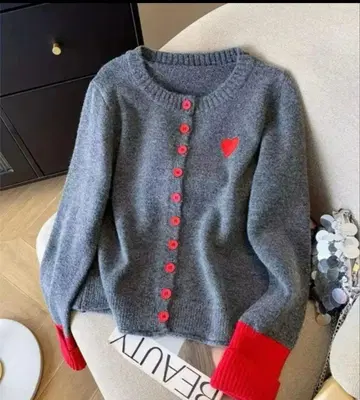 그레이/빨간색 버튼 니트 가디건 스웨터