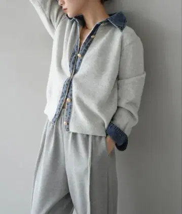 데님 옷깃 달린 버튼 니트 가디건