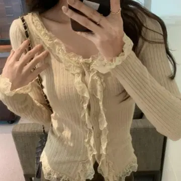 by muni:r 레이스 U넥 리브 니트 가디건 베이지 FREE